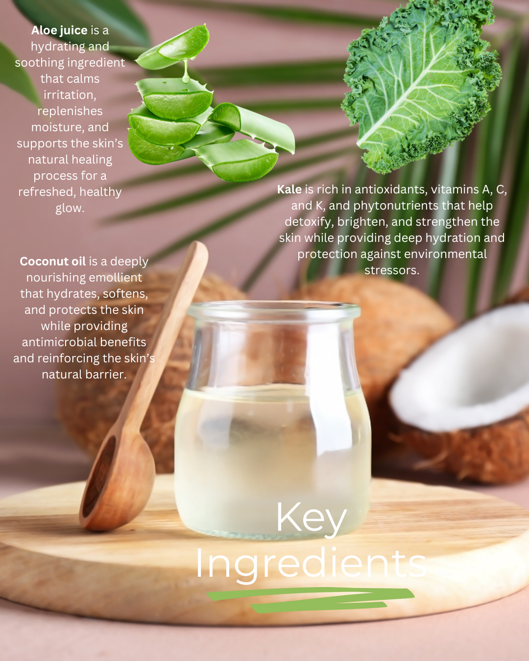 Balancing Restore mask ingredients flat lay — featuring MSM, probiotic yogurt extract, apricot kernel oil, and coconut oil from Mythic Cosmetics.