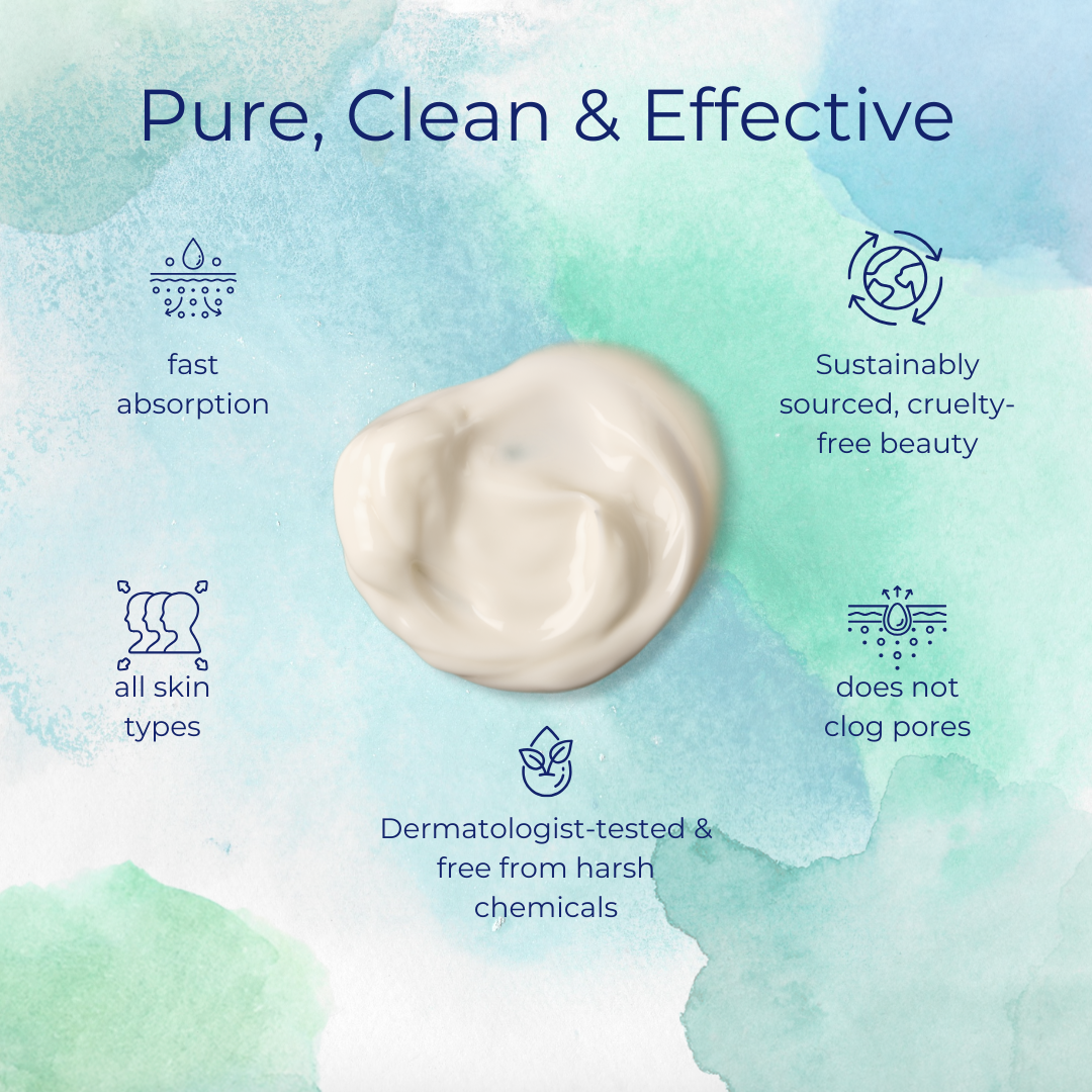 Clean skincare imagery featuring lightweight textures and botanical ingredients — representing Mythic Cosmetics’ commitment to sustainability, non-comedogenic formulas, and care for all skin types.