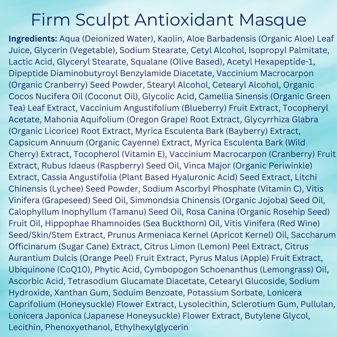 Ingredients for Firm Sculpt Antioxidant Mask — with glycolic and lactic acid, vitamin C, cranberry, and CoQ10 to brighten and refine skin texture.