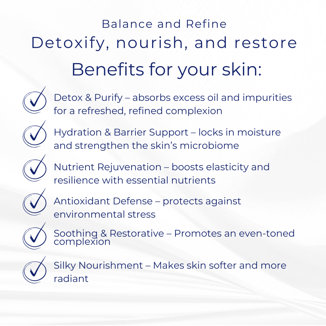 Benefits image for Balancing Restore Mask — featuring oil-balancing clays, MSM, and probiotics for clear, calm skin.

