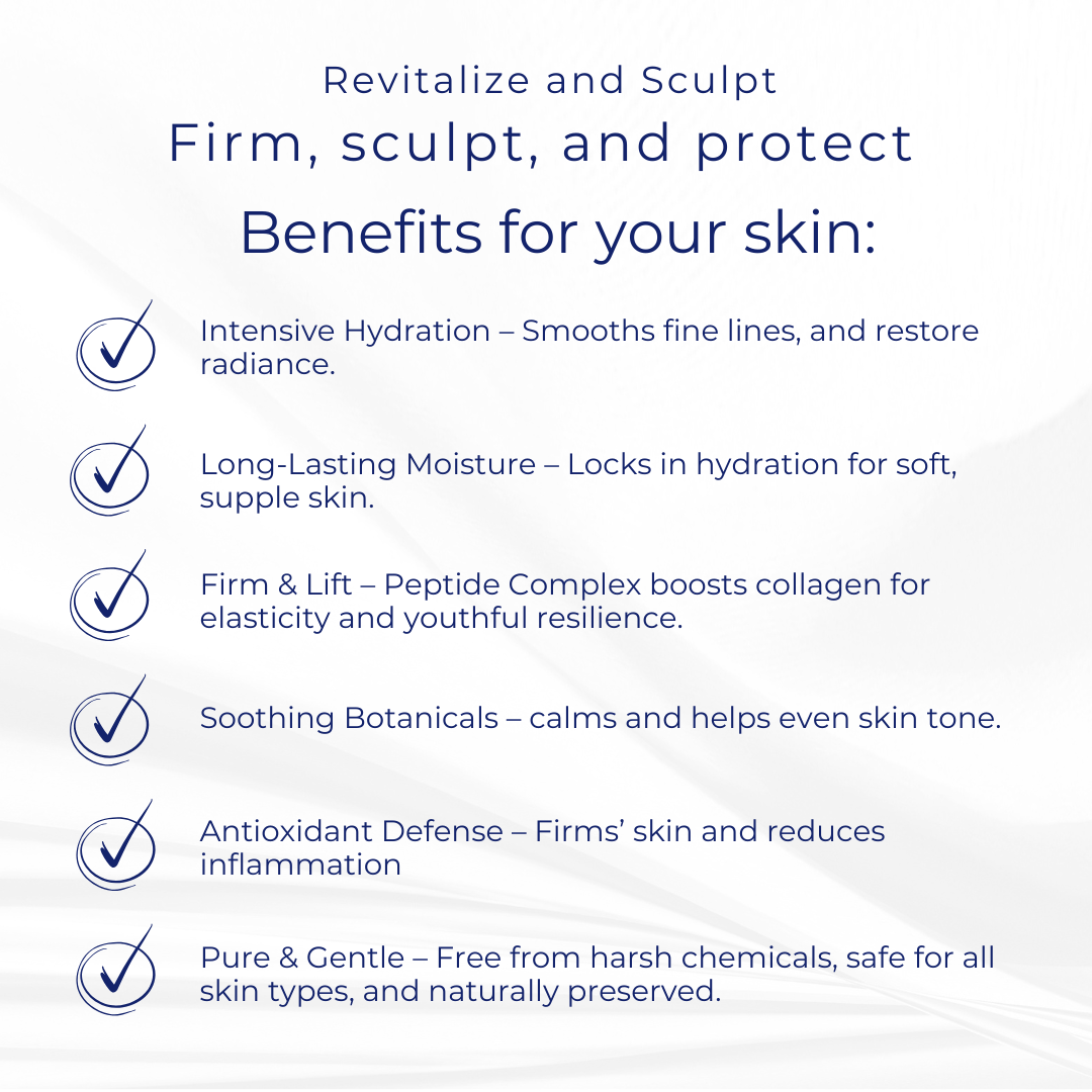 Benefits image for Firm Sculpt Antioxidant Mask — showing exfoliating acids, vitamin C, and antioxidant botanicals to brighten and firm.


