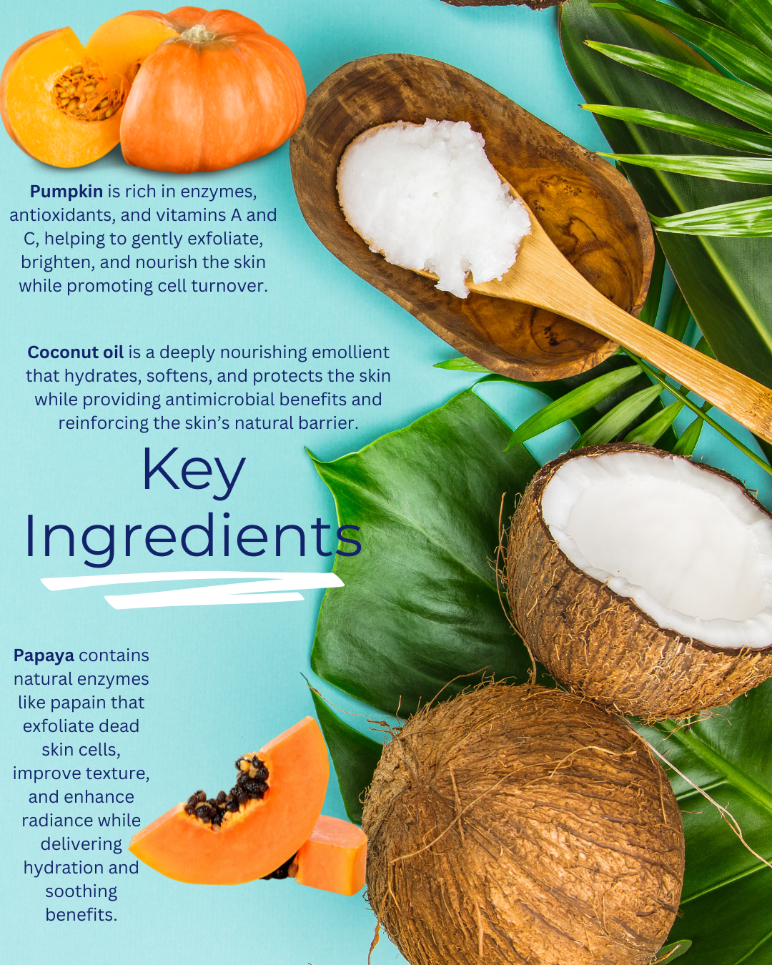 Glow Revive Enzyme Mask ingredients flat lay — featuring pumpkin and papaya enzymes, reishi, and evening primrose from Mythic Cosmetics.

