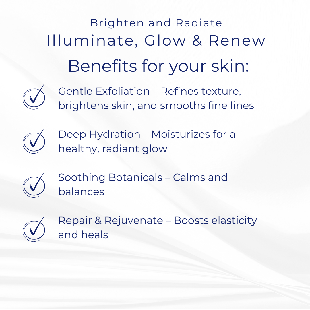 Benefits image for Glow Revive Enzyme Mask — highlighting gentle fruit enzymes and calming botanicals for smooth, radiant skin.

