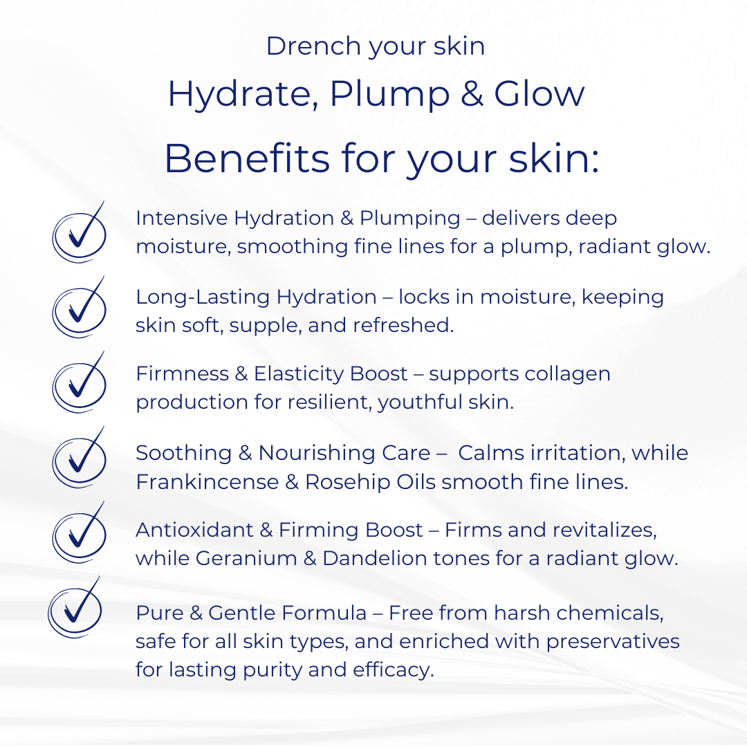 Benefits image for Hydra Renew Mask — highlighting hydration, peptides, and skin-soothing botanicals for dry or tired skin.

